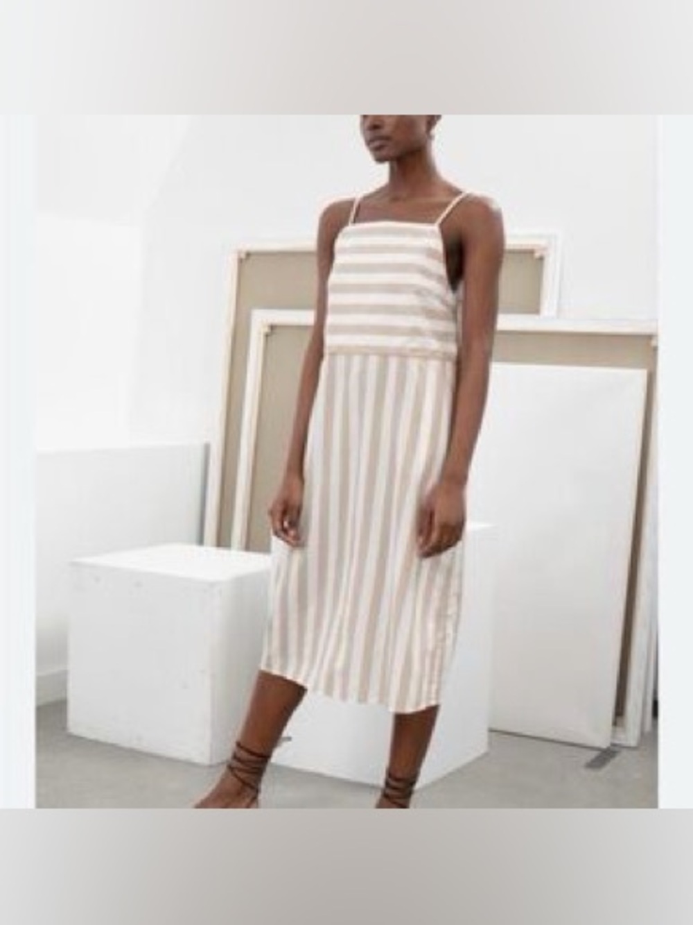 & Other Stories Striped Cotton Midi Dress Size 8 Tan White Mixed Stripe Sundress